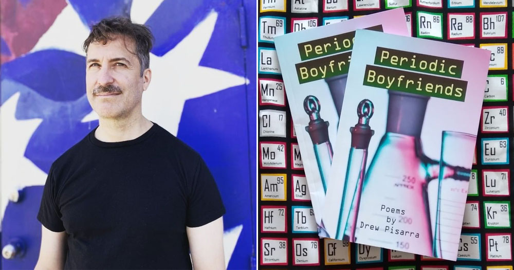 The image is a split screen. On the right is the cover of the new poetry collection Periodic Boyfriends. On the left is a photo of the book's author Drew Pisarra. He has cropped hair and a moustache and is standing against a blue background with white stars.