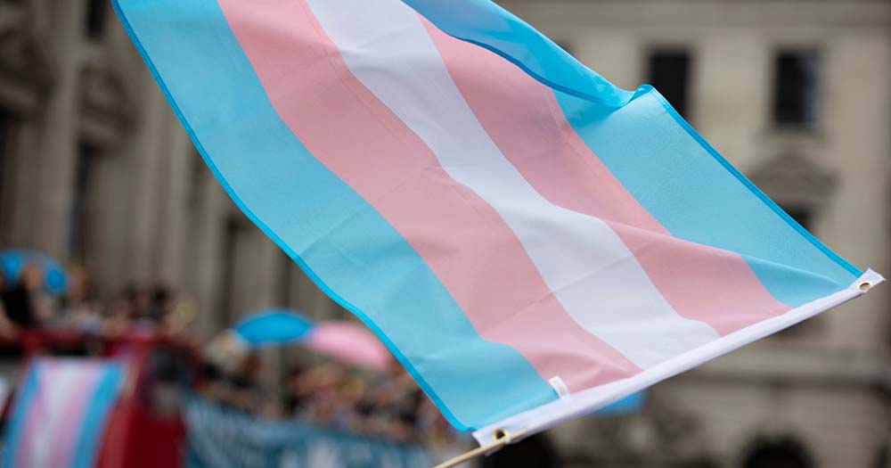 A transgender flag being waved at LGBTQ pride march referencing need for EHRC to priortise trans people.