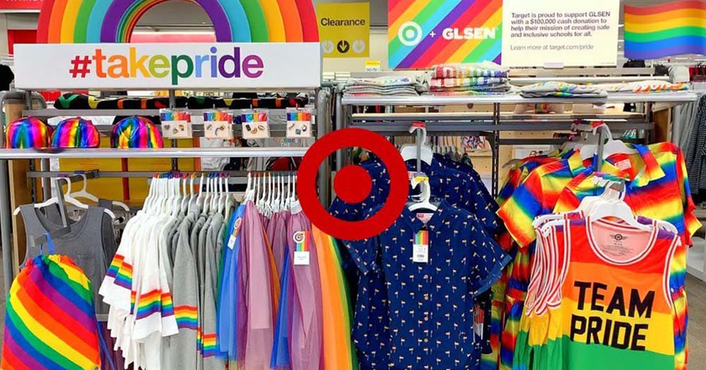 Rainbow themed clothing in Target store's Pride section.
