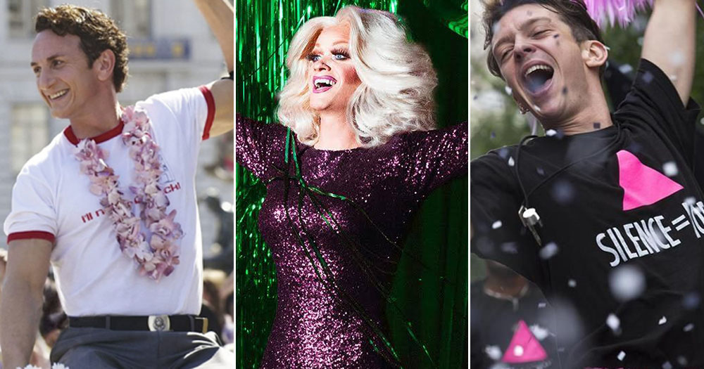The image shows a three way split screen from some of the historical LGBTQ+ films featured in this article. On the left is actor Sean Penn who place Harvey Milk with his arm raised in a fist. In the middle is drag queen Panti Bliss against a green shimmery background and on the right is a man wearing a tshirt with the words Silence = Death jumping in the air smiling.