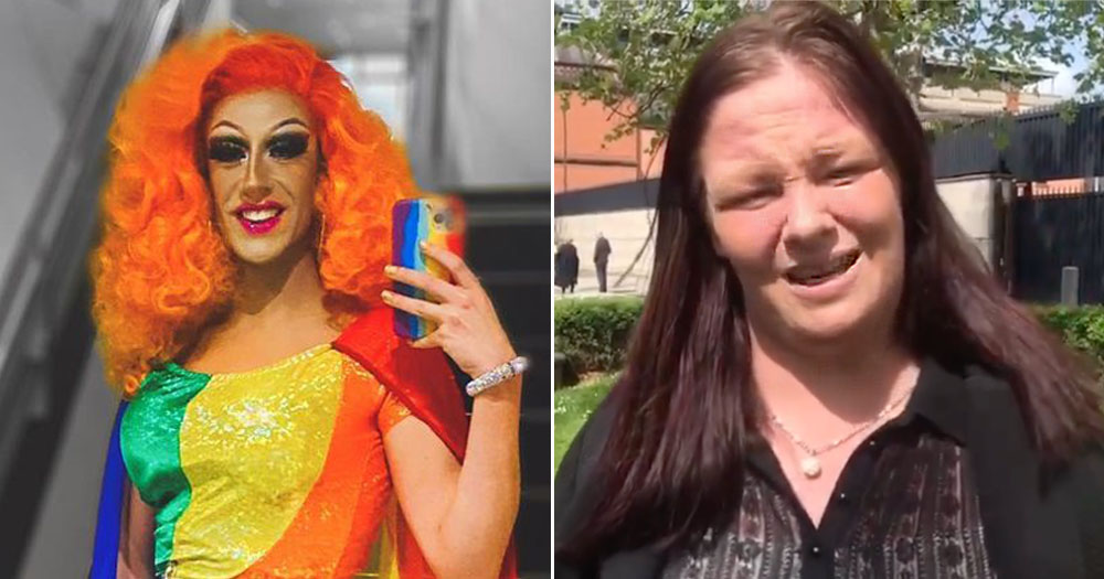 The photo shows a split screen of the drag queen Cherrie Ontop (left) who won a court case over former Belfast Councillor Jolene Bunting (right) for harassment. In the photo on the left, Cherrie is wearing a rainbow coloured dress with an orange wig. In the photo on the right, Jolene is squinting in the sun.