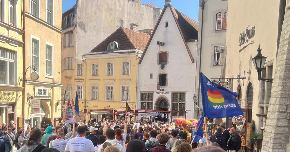 Crowd of people celebrating Pride at Tallinn Estonia, the country passed same-sex marriage.