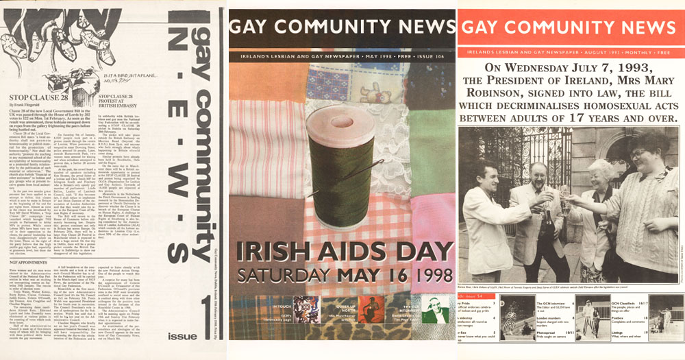 The image is a three-way split screen of three GCN covers from the Archive. On the left is issue 1, in the middle is issue 106, and on the right is issue 54. Issue 1 is predominantly text with a cartoon in the upper left corner of a feet dangling above heads. Issue 106 is a full=page image of a patchwork quilt with a spool of black thread. Issue 54 shows four people toasting with champagne outside Dáil Éireann after the announcement that decriminalisation had been passed.