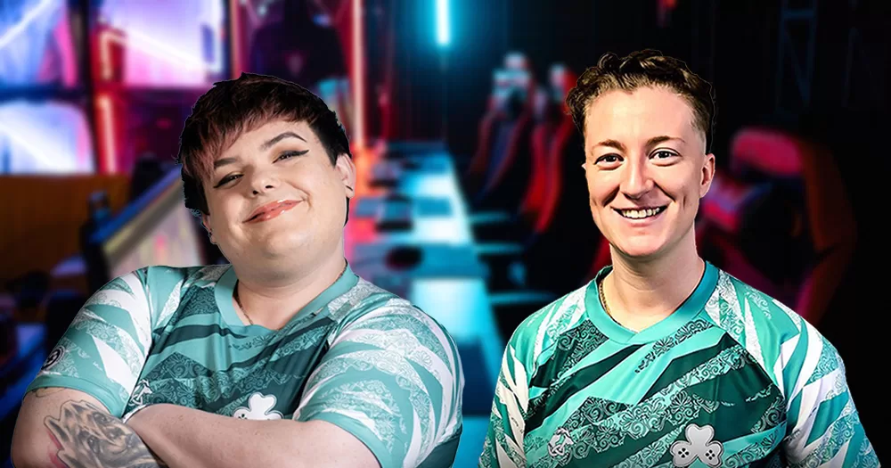 Two queer women, Emma and Nollaig, are dressed in the green patterned team Ireland jersey as they compete as Irish esports athletes in the 2023 European Games.