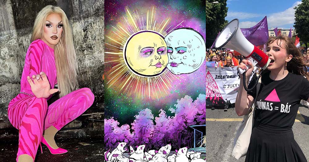 Three panels including a drag queen, moon drawing, and protestor representing queer events happening in Ireland this July.