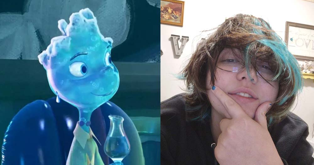 Side-by-side images of non-binary actor with blue hair and a Disney animated character called Lake.
