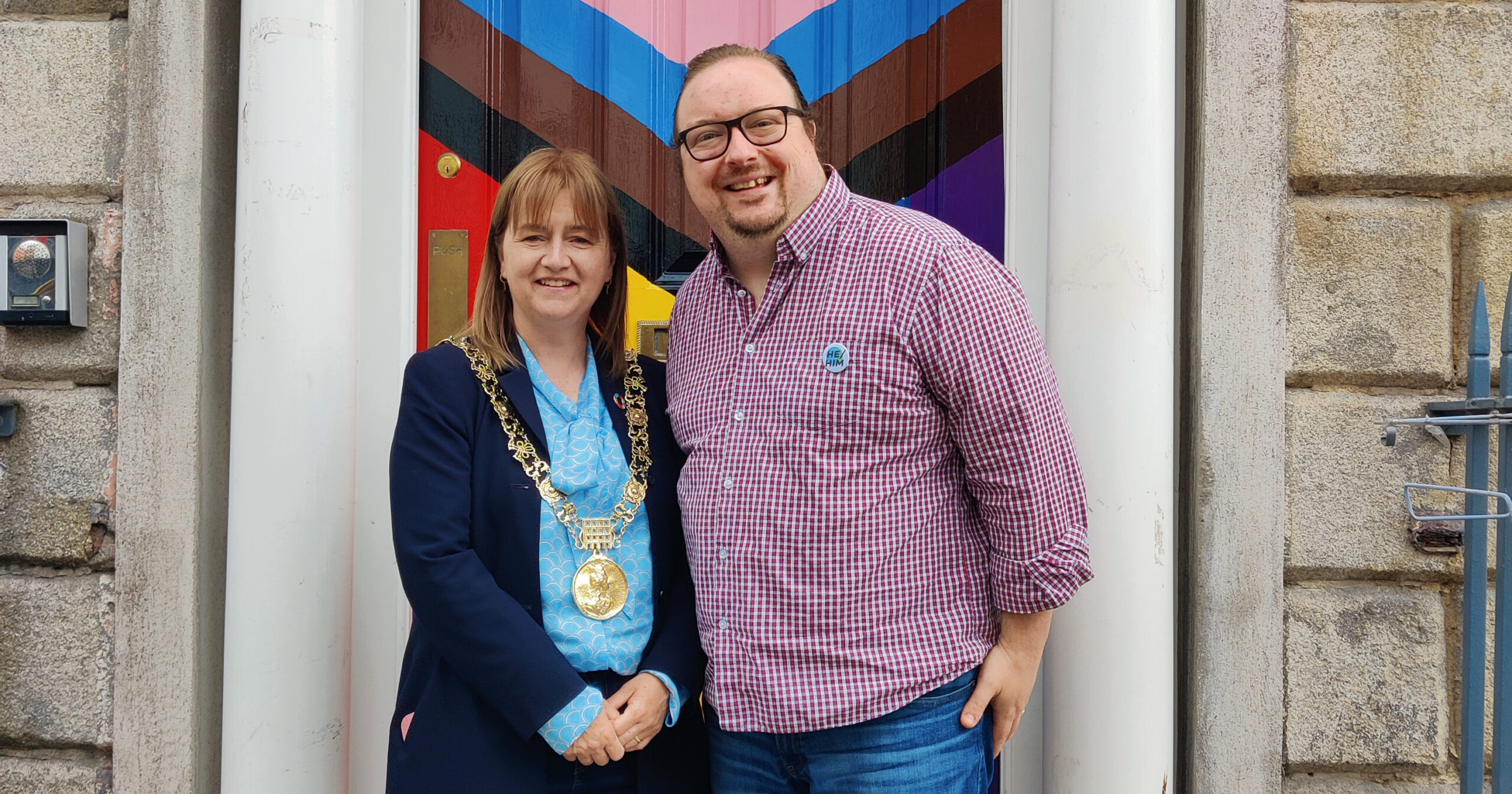 Lord Mayor of Dublin Caroline Conroy and Oisín O'Reilly the CEO of Outhouse LGBTQ+ Centre.