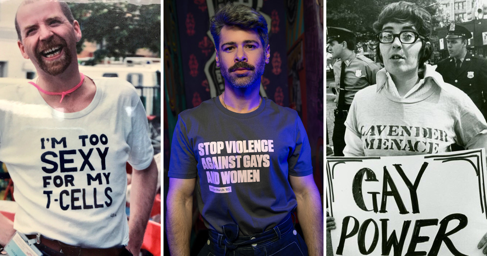 Split screen of three models wearing LGBTQ+ protest t-shirts.