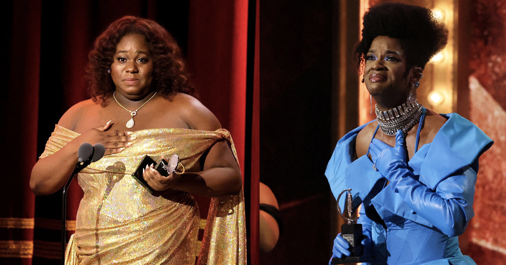 Non-binary actors Alex Newell and J. Harrison Ghee at the Tony Awards, while they accept they give their acceptance speeches.