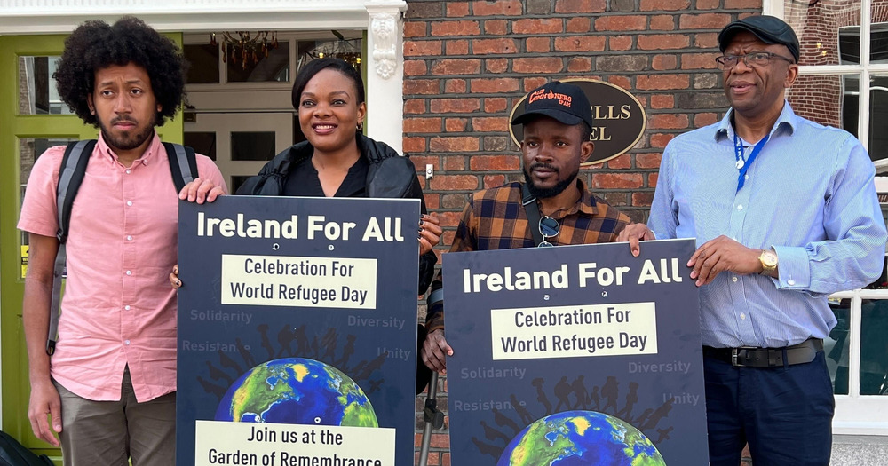 Photographed at an Ireland for All press conference ahead of World Refugee Day, from left to right, Darragh Adelaide, Edith Chukwu, Mohamed Sahid Camara, and Lucky Khambule.