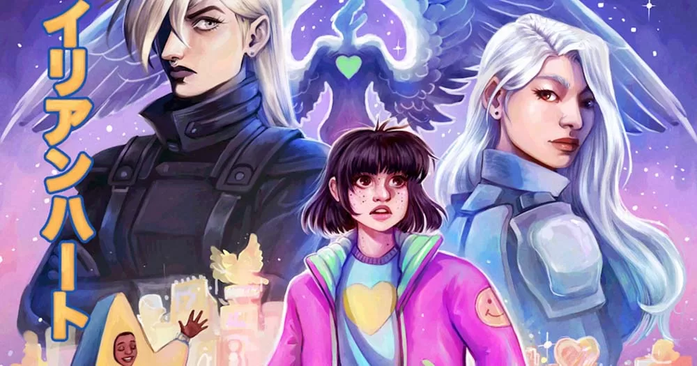 Three comic characters stand against purple background for Alien Heart cover.
