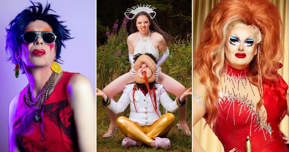 The split image shows three of the acts featured in this August events roundup. On the left is performer David Hoyle. He has spiky blue hair, sunglasses and a slice of lemon for an earring. His face is painted with orange, red and pink exaggerated makeup. The middle image is of the Wild Geeze. In it, a women wearing a white dress and white headdress straddles a person sitting cross-legged in a yog pose wearing a mask in the shape of a women's labia. The image on the right is drag queen Just May. She is wearing a red dress with a red wig in an exaggerated up style. Her eyes are made up in with heavy black and blue makeup.