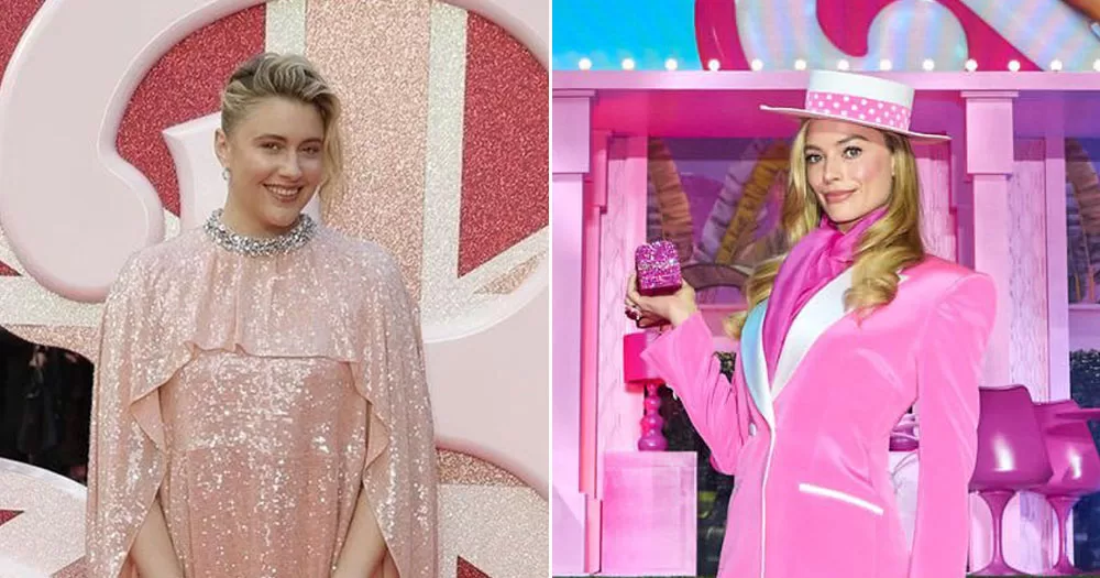 The image shows a split screen from the premiers of the Barbie film. On the left is the film's director Greta Gerwig. She is wearing a baby pink sequinned dress. On the right is an image of actor Margot Robbie. She is wearing a bright pink skirt suit.