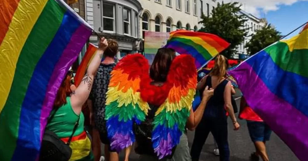Rainbow flags and angel wings as participants march in Cork Pride.