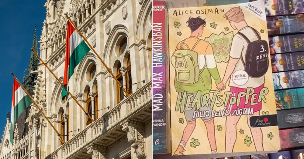 A Hungarian authority has issued a fine to leading for selling Heartstopper book. The image shows a split screen. On the right is governmental building flying two Hungarian flags. On the left is a copy of the graphic novel Heartstopper.