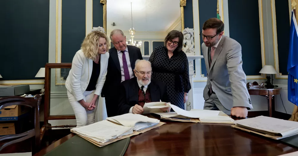Senator David Norris, Secretary General of the Department of Justice Oonagh McPhillips, former Secretary General Tim Dalton and Director of the National Archives Orlaith McBride at an event.