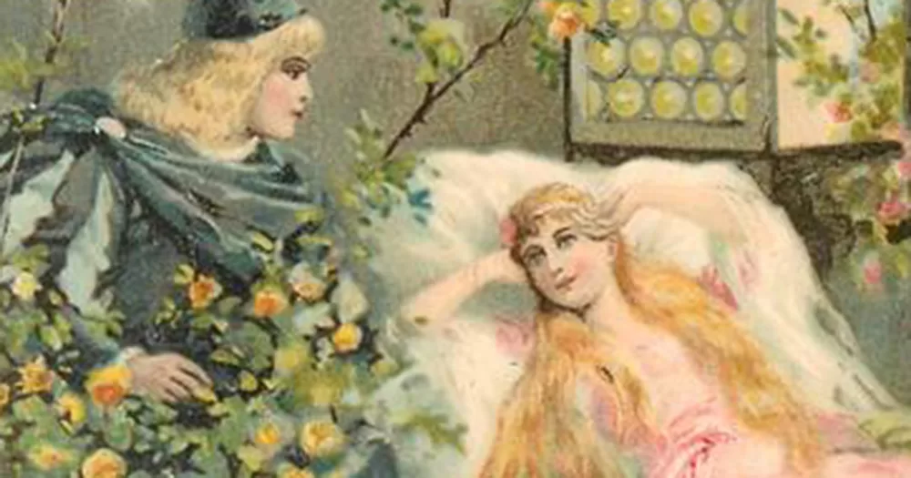 An LGBTQ+ fairy tale. The image shows an illustration of Sleeping Beauty. A person with long blonde hair lies in bed looking up at a knight in shining armour who also has long blonde hair.