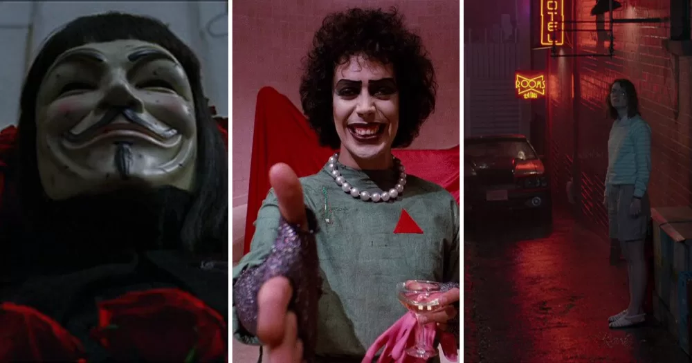 Stills from three sci-fi movies and shows - V for Vendetta, The Rocky Horror Picture Show and Black Mirror 'San Junipero'.