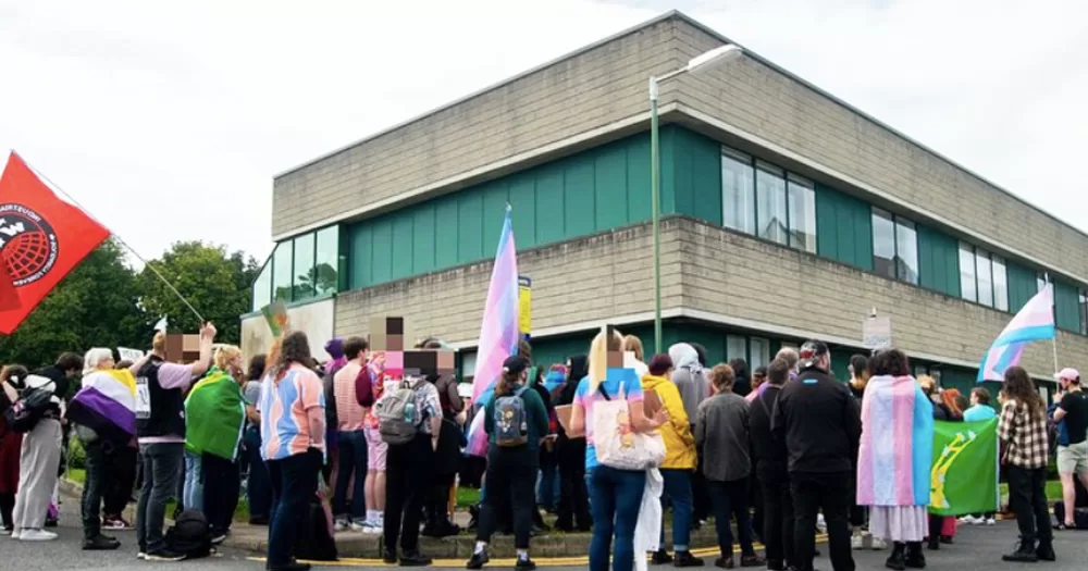 Protest for trans healthcare outside of St. Columcille's Hospital, in Loughlinstown.