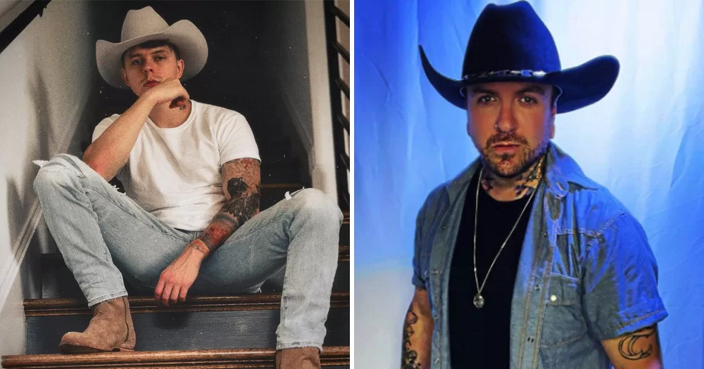 A split screen of two gay country musicians, both wearing cowboy hats and posing seriously.