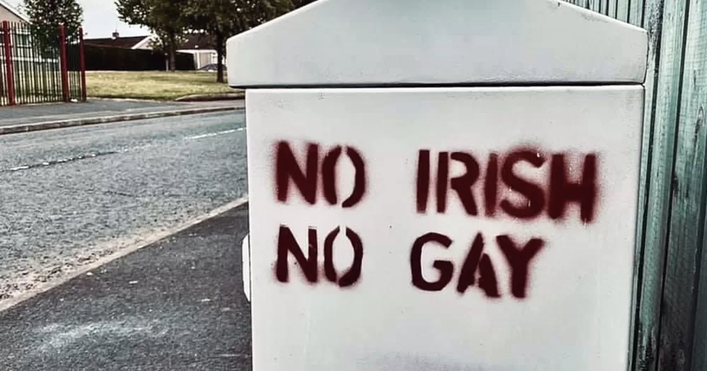 Graffiti that appeared in Lurgan, which police is treating as homophobic hate crime, reading 'No Irish No Gay'.