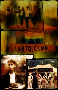 The image shows three panels from the comic Strings. The top panel shows a group of friends walking arm-in-arm. The second panel shows three faceless people standing behind a sign which reads "LGBTQ Club". The bottom left panel shows a man carrying a stack of books. The bottom right shows characters from Star Wars standing under a marquee with the words "Scifi Club". The images are created in a photorealistic style with a dark blurred appearance.