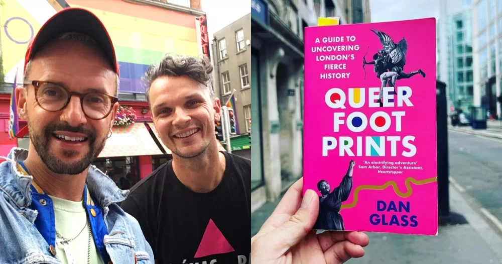 The image is a two-way split screen. On the left is author Dan Glass with Robbie Lawlor. On the right is a copy of the book Queer Footprints being held up in front of a street. Robbie and Dan are standing in front of aa building dressed in the rainbow flag.