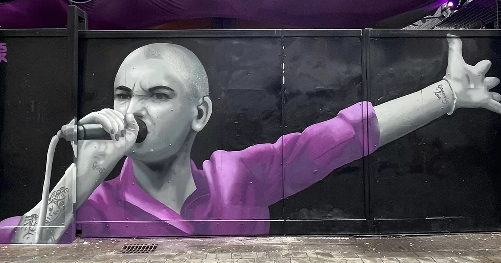 The Sinéad O'Connor mural at The George - with Sinéad's skin painted in black and white, with a purple shirt on.