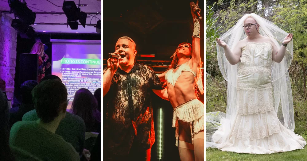 Split screen of 3 queer events happening for Culture Night Dublin. The left is a presentation at Outhouse, the middle a stage shot of two QueerMania performers, and the right is artist Owen O'Malley in a white wedding dress and veil.
