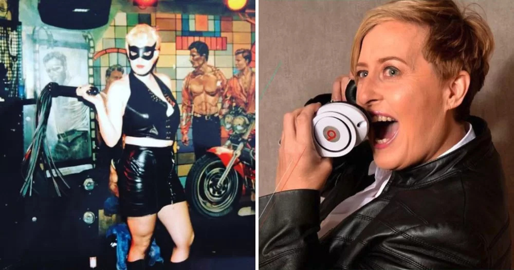 A split screen of The George DJ Karen. On the left is an image of Karen in 1993. The is dressed in a tight black leather two-piece, and has a black mask over her eyes and a whip. She stands in front of a colourful backdrop which features images of shirtless men. On the Right, Karen hold headphones up to her face and looks off into the distance with her mouth open.