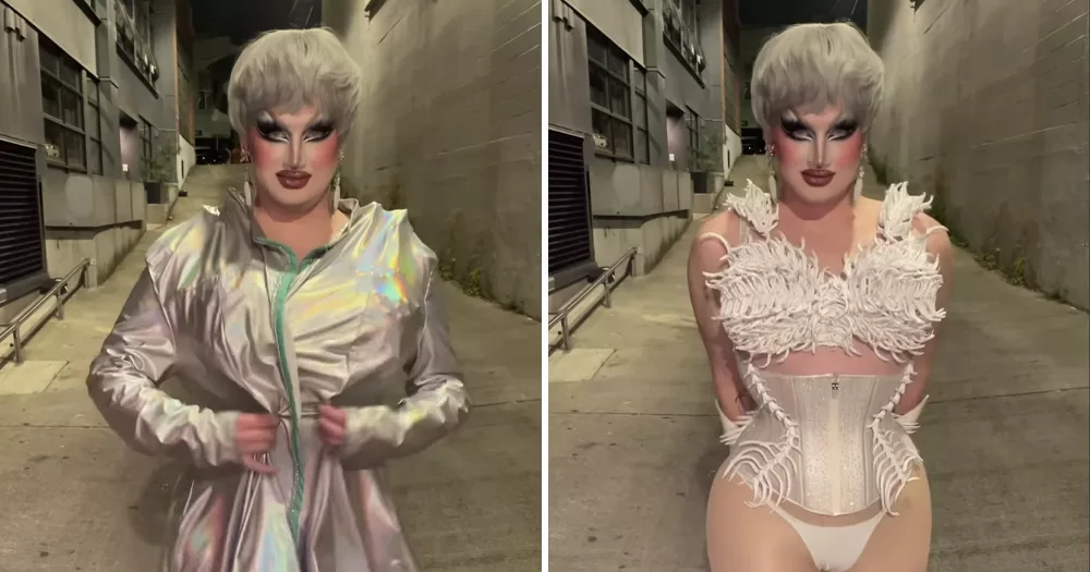 Drag queen Irene 'The Alien' Dubois in her Irish dancing parody video. The image is a split screen, with the performer wearing a silver cloak and short wig in the left picture, and wearing a white bralette and corsage in the photo on the right.