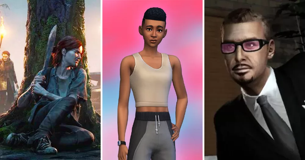 Split screen of three LGBTQ+ video games characters. Left is Ellie from The Last of Us, middle is a Sims character wearing a binder, and right is Gay Tony from Grand Theft Auto.