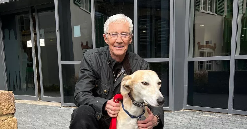 The image shows Paul O'Grady, who was honoured at the National Television Awards yesterday, holding a greyhound dog. He is crouched on one knee behind the dog with his arms around the dog's neck and lead. He is wearing a black leather jacket and is looking directly into the camera. The dog in tan coloured with a red lead.