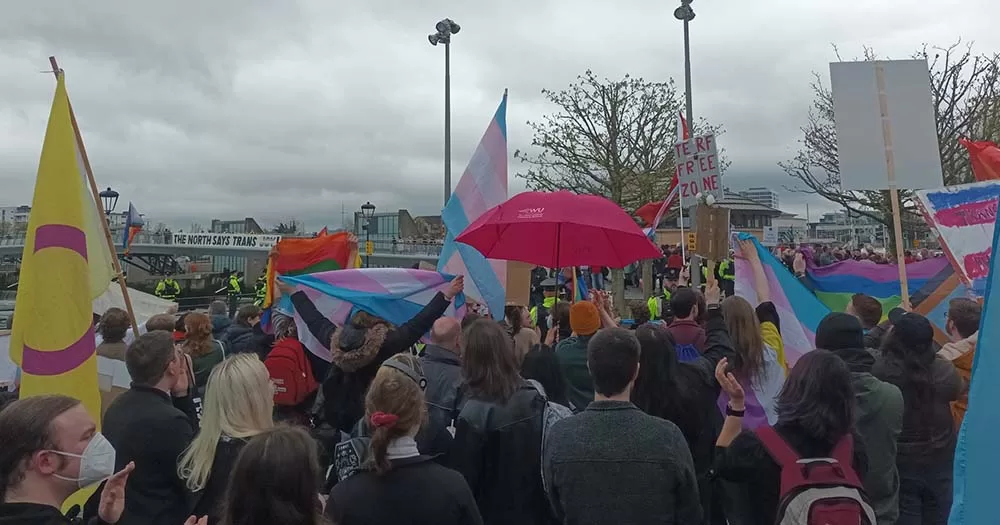 Crowd of LGBTQ+ allies protest Posie Parker who is coming to Dublin on Saturday