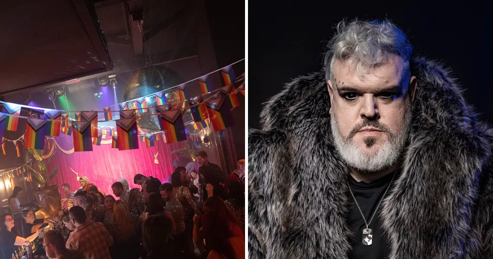 Split screen of Belfast queer bar Libertine and Kristian Nairn. The image on the left shows the interior of Libertine, with Pride flag bunting and a disco ball hanging over a dark room of dancers. The image on the right shows Kristian Nairn from the chest up, dressed in a big fur coat.