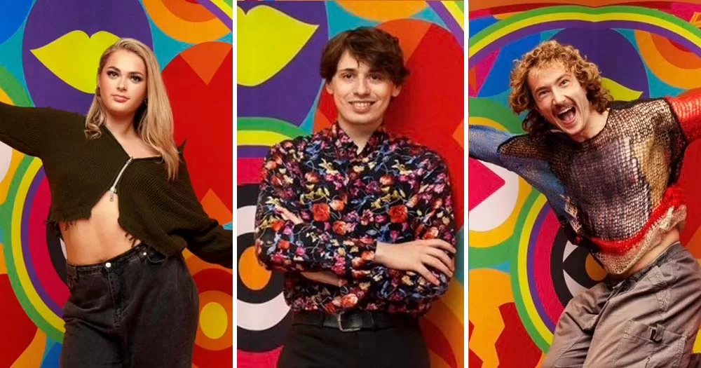 Three side-by-side photographs of Big Brother 2023 contestants Hallie, Jordan, and Matty posing in front of colourful background.