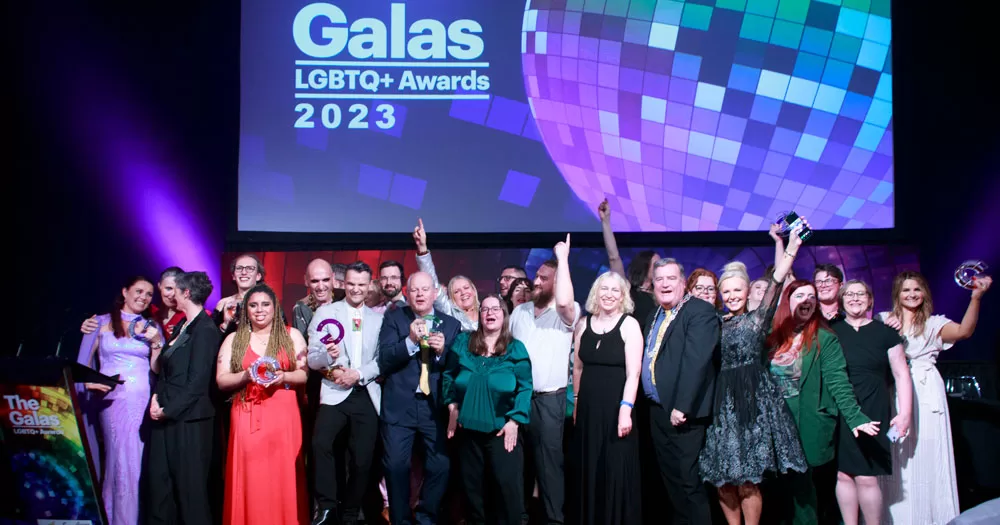 Winners of The GALAS 2023 Ireland LGBTQ+ Awards posing together in a group shot