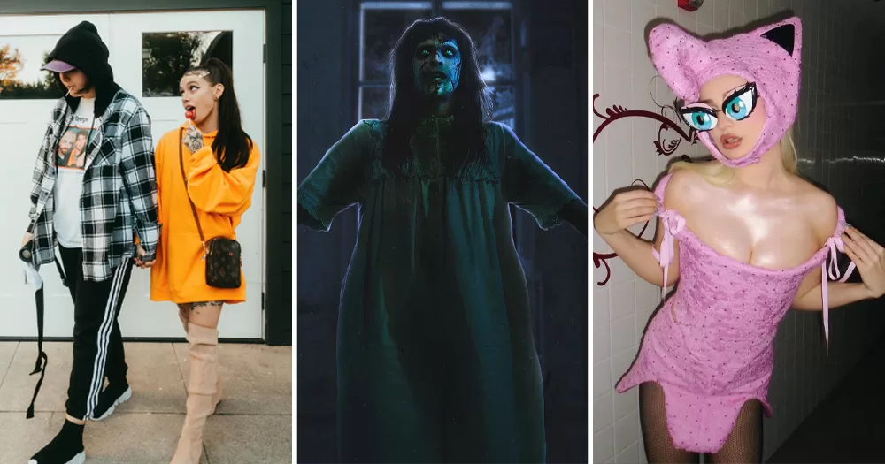 Split screen of three celebrities' Halloween costumes for 2023. On the left is Lucy Dacus and Julien Baker as Pete Davidson and Ariana Grande, middle is Pabllo Vittar in The Exorcist, and right is Kim Petras as Jigglypuff.