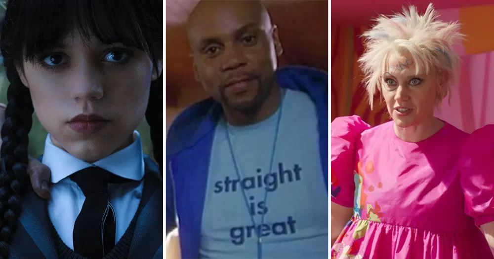 Split screen of three queer Halloween costumes. Left is Jenna Ortega as Wednesday Addams, middle is RuPaul in But I'm a Cheerleader, and right is Katie McKinnon as Weird Barbie.