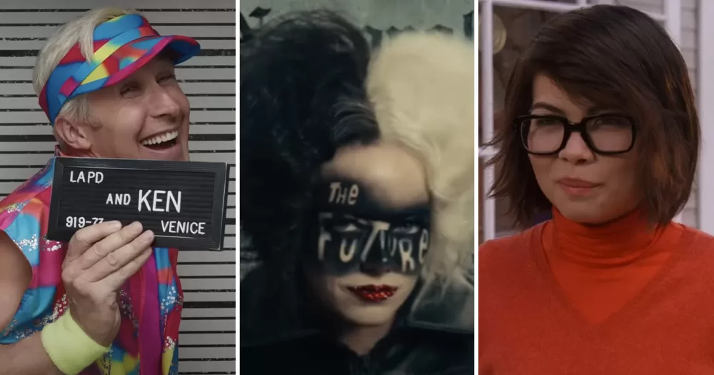 Split screen of three queer Halloween costumes. On the left is Ryan Gosling as Ken, middle is Emma Stone as Cruella, and right is Velma from Scooby Doo.