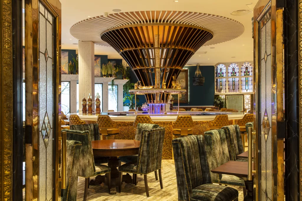 Vi's Restaurant at Lawlor's of Naas, with elegant and eccentric furniture.