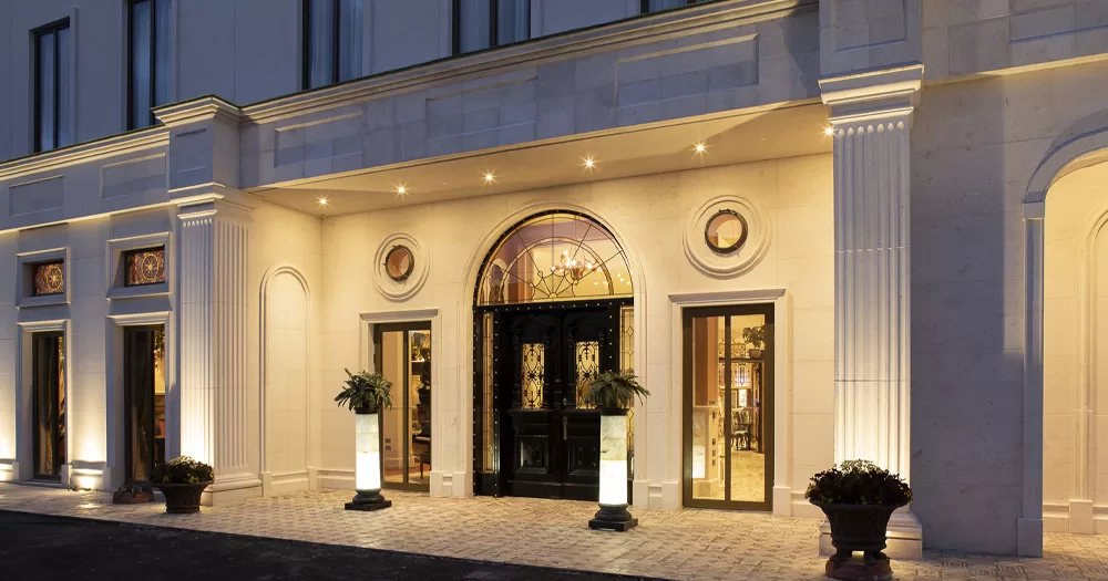 Entrance of Lawlor's of Naas, a hotel with an elegant main door.