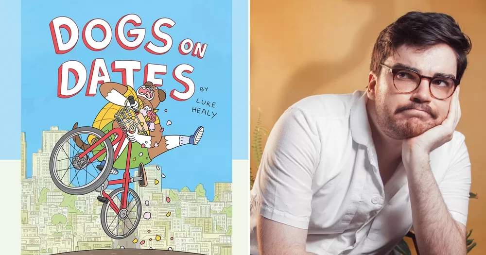 Split screen of comic creator Luke Healy and his latest work Dogs on Dates.