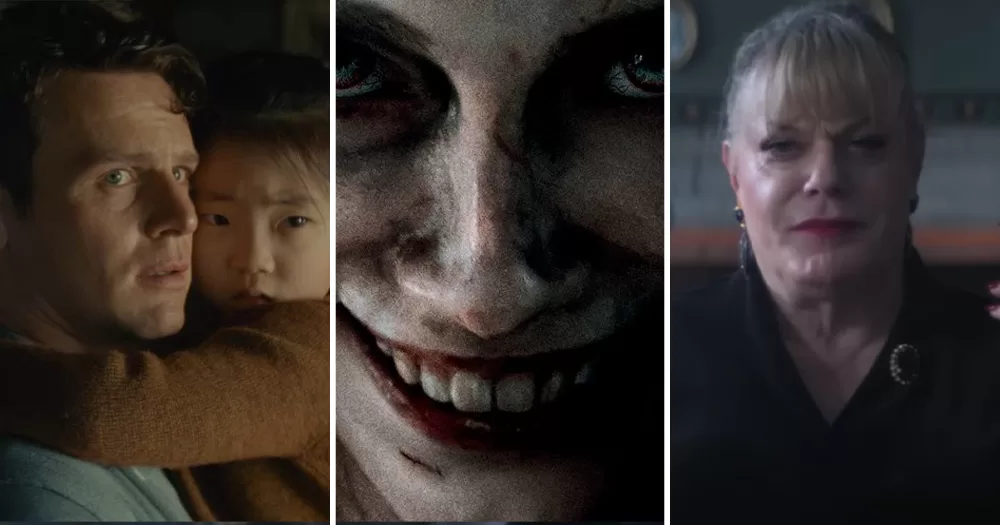Split screen of three queer Halloween films. Left is a father holding his young daughter in Knock at the Cabin, middle is a close up of a creepy smiling face from Evil Dead Rise, and right is a photo of Suzy Eddie Izzard in Doctor Jekyll.
