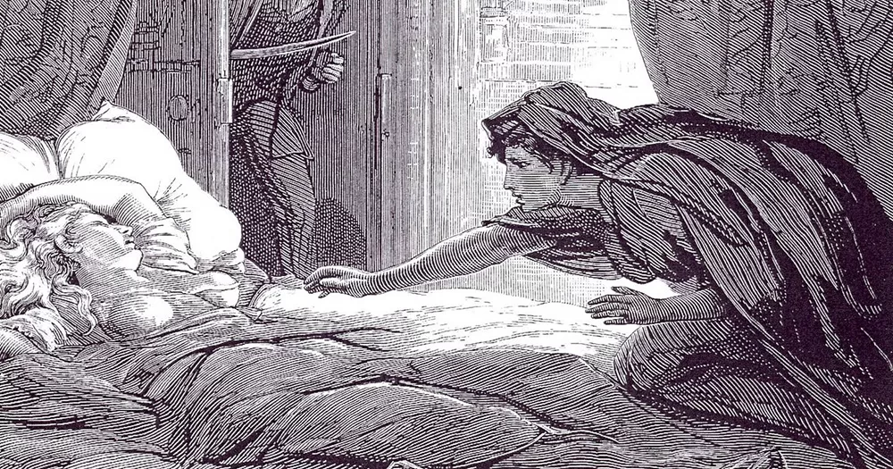 One of Ireland's queer vampires Carmilla. This illustration is taken from the novel by Joseph Sheridan Le Fanu. It shows a black and white drawing of a woman sleeping in a bed, while a female vampire in a cloak crawls onto the bed.