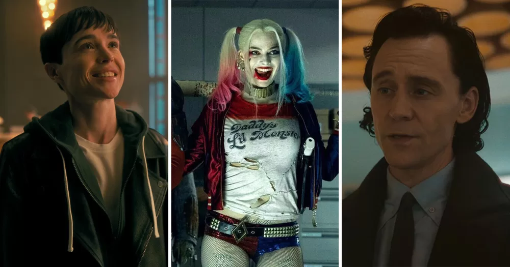 A split screen of superheroes from film and TV. Left is Viktor from Umbrella Academy, middle is Harley Quinn played by Margot Robbie, and right is Loki.