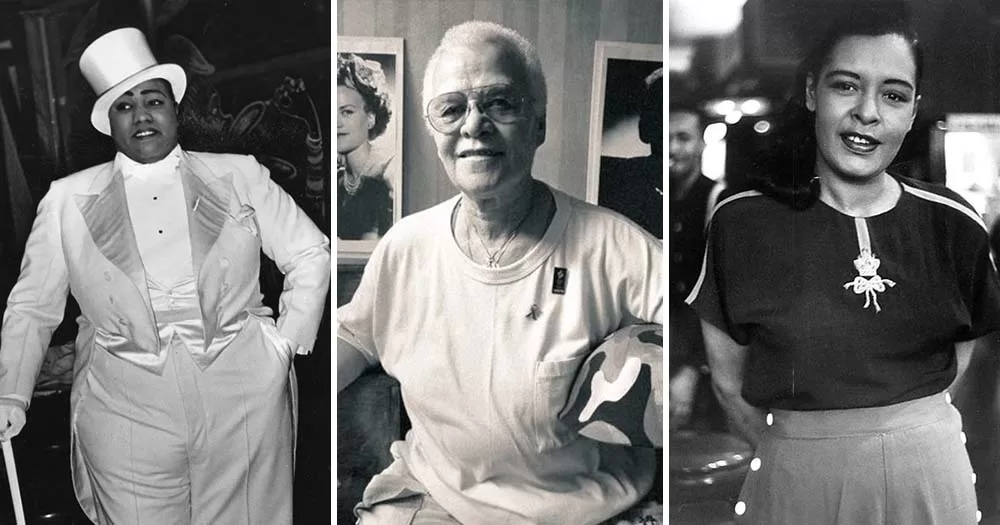 Three side-by-side photos of influential LGBTQ+ women in history including Gladys Bently, Stormie DeLarverie, and Billie Holiday.