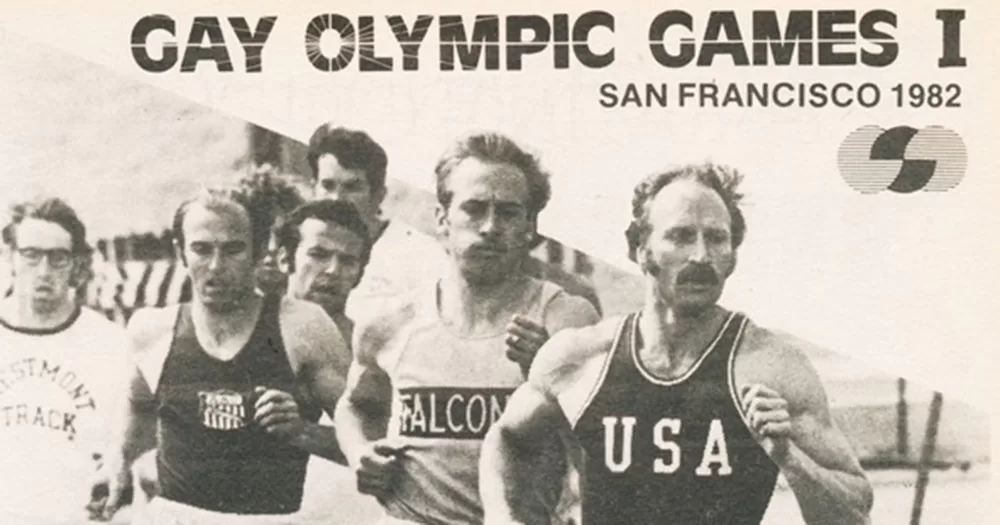 A cropped scan of the poster for the first Gay Games. The scan is black and white, with "GAY OLYMPIC GAMES I San Francisco 1982" printed in the top right corner. Below is an image of several men running in track and field.