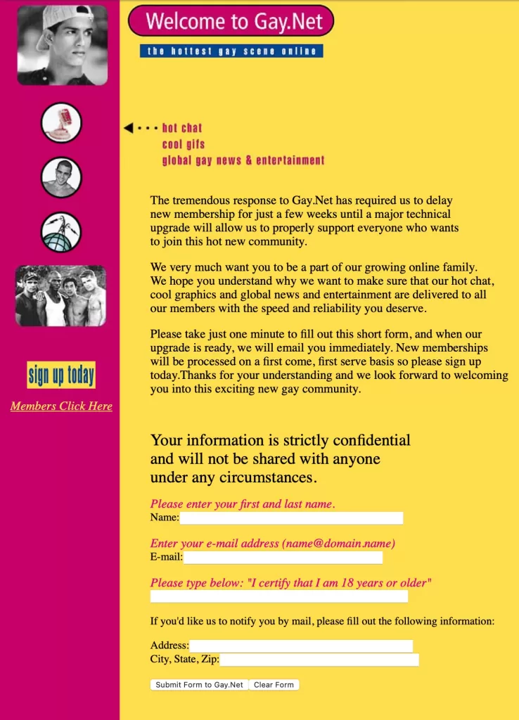 The image shows the homepage of Gay.Net, Andy Cramer's online LGBTQ+ dating site.