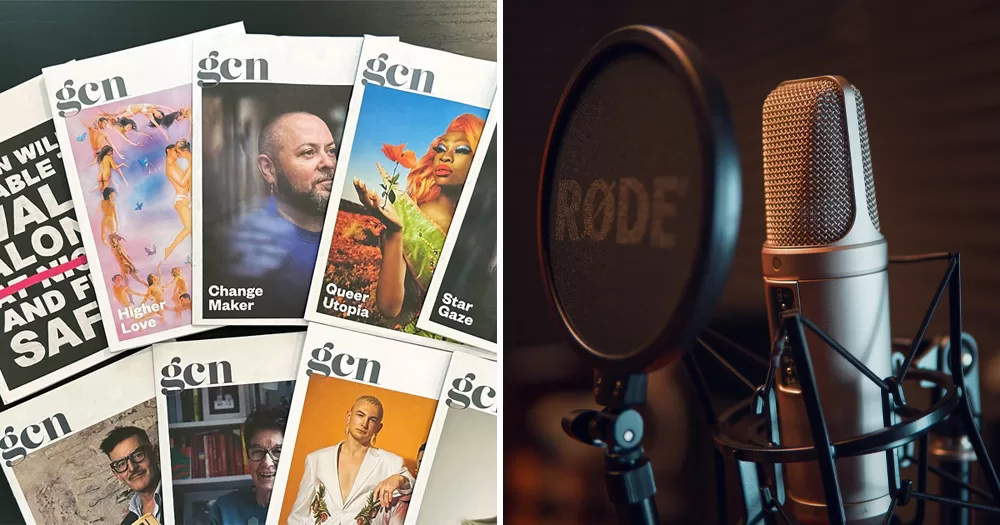 The story is about a GCN radio documentary. The image shows a split screen, on the left is a fan spread of GCN Magazines, and on the right is a studio microphone with a pop filter in front of it.